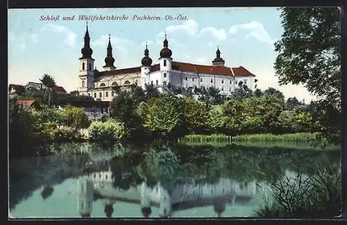 AK Puchheim /Ob.-Öst., Schloss und Wallfahrtskirche, vom Wasser gesehen
