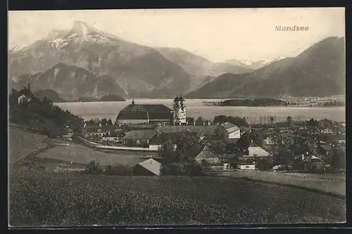 AK Mondsee, Teilansicht mit Gipfelblick