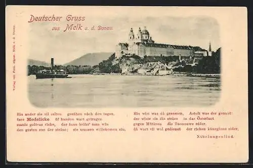 AK Melk a. d. Donau, Stift vom Wasser aus, Zitat aus dem Nibelungenklied