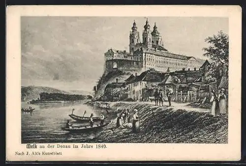 Künstler-AK Melk an der Donau, Ortsansicht im Jahre 1840