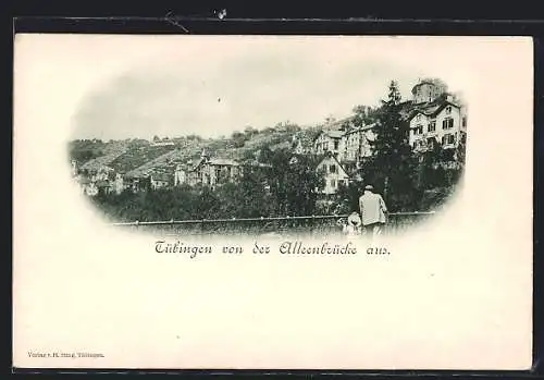 AK Tübingen, Sicht von der Alleenbrücke aus, Mann mit Kind