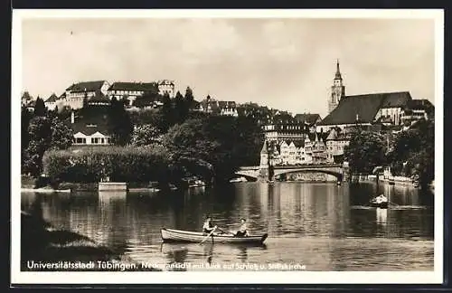 AK Tübingen, Neckar, Schloss u. Stiftskirche, Bootsfahrer
