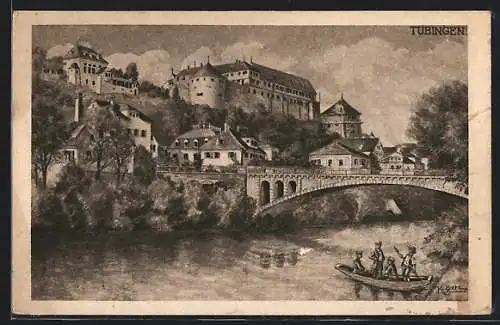 AK Tübingen, Bootsfahrt auf dem Fluss, Brücke, Burg