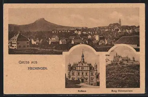 AK Hechingen, Rathaus, Burg Hohenzollern und Ortsansicht