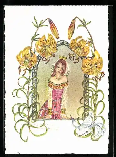 Künstler-AK Schwarz-Torino: Prinzessin im Fenster, Blumen