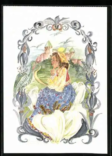 Künstler-AK Schwarz-Torino: Mädchen in einer Riesen-Blüte