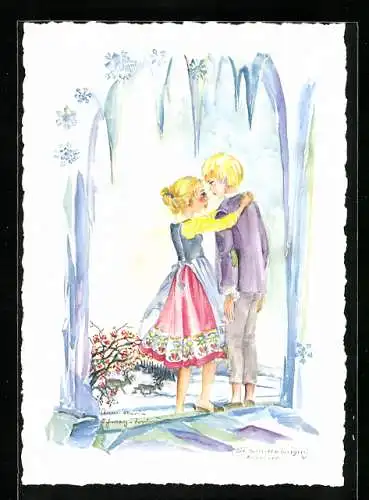 Künstler-AK Schwarz-Torino: Die Schneekönigin (Andersen), Paar in der Eishöhle