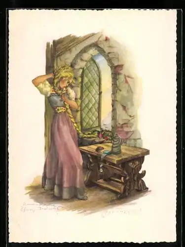 Künstler-AK Schwarz-Torino: Rapunzel