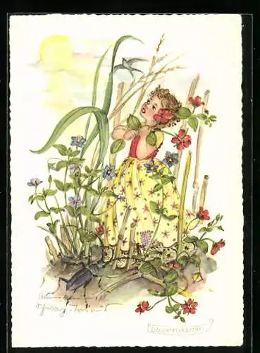 Künstler-AK Schwarz-Torino: Däumelieschen zwischen Blumen