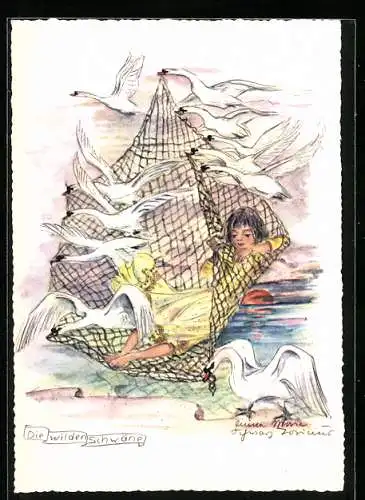 Künstler-AK Schwarz-Torino: Die wilden Schwäne, Märchen