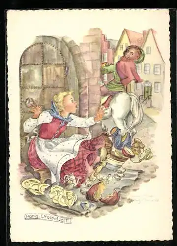 Künstler-AK Schwarz-Torino: König Drosselbart, Zerbrochenes Geschirr