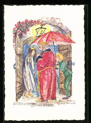 Künstler-AK Schwarz-Torino: Die Prinzessin auf der Erbse, Im Regen
