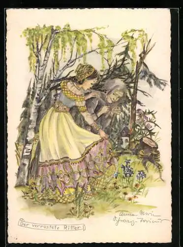 Künstler-AK Schwarz-Torino: Frau in bunter Tracht mit alter Frau