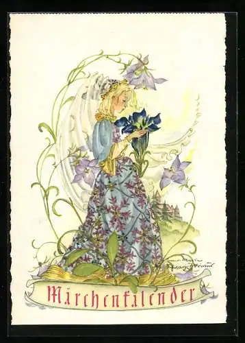 Künstler-AK Schwarz-Torino: Mädchen im bunten Kleid riecht an einer blauen Blume
