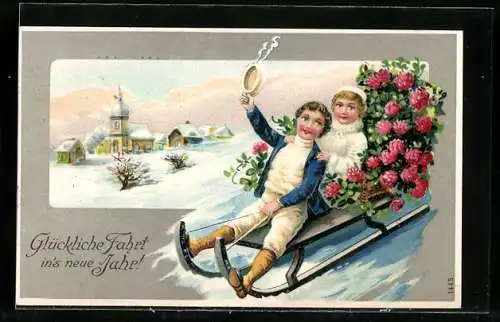 Präge-Lithographie Kinder auf Rodelschlitten, Ort im Schnee, Neujahrsgruss