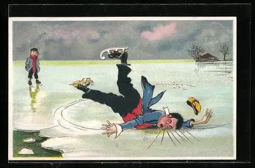 Lithographie Gestürzter Schlittschuhläufer auf einem See