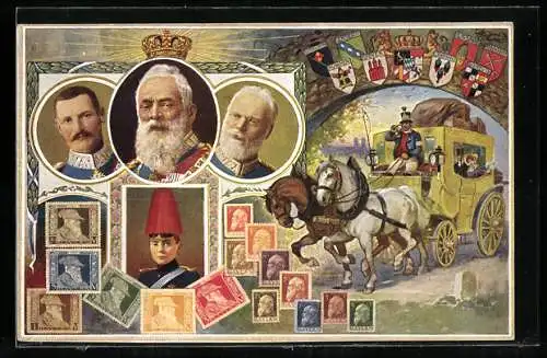 AK Portrait Prinzregent Luitpold, bayerische Briefmarken, Postkutsche, Wappen