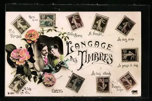 AK Liebespaar, Rosen, Briefmarkensprache
