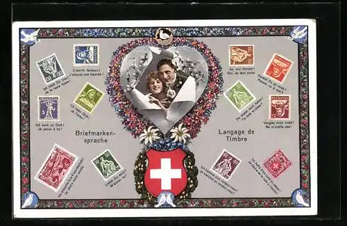 AK Briefmarkensprache, Ich liebe Dich!, Erwarte Antwort, Ja, von Herzen, Liebespaar