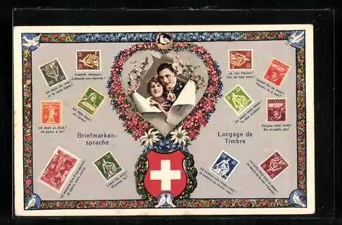 AK Briefmarkensprache, Ich liebe Dich!, Erwarte Antwort, Ja, von Herzen, Liebespaar