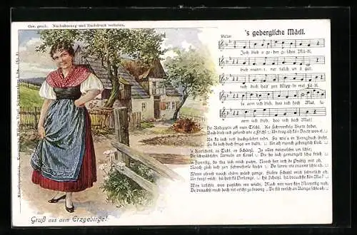 Künstler-AK Lied `s gebergische Mädl-Gruss aus dem Erzgebirge