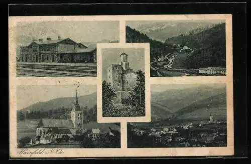 AK Hainfeld /N.-Oe., Bahnhof, Kirche, Burgruine, Talblick