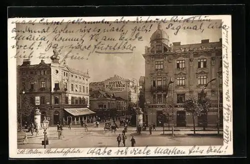 AK St. Pölten, Bahnhofplatz und Hotel Kaiserin von Österreich, Litfasssäulen