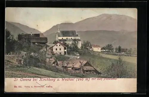 AK Kirchberg a. Wechsel, Kirche St. Corona mit Panorama