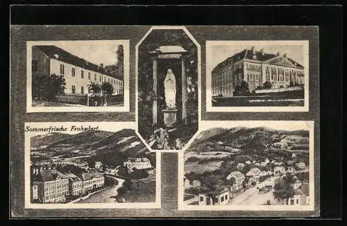 AK Frohsdorf /NÖ, Am Ufer, Marienstatue, Ortsansicht