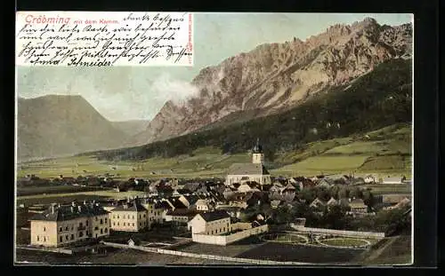 AK Gröbming, Ortsansicht mit Kirche und Blick zum Kamm