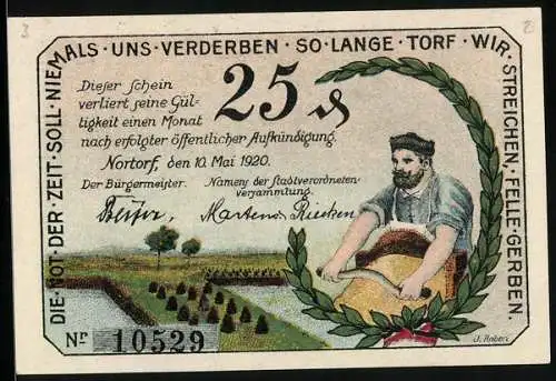Notgeld Nortorf 1920, 25 Pfennig, Torfabbau, Gerber und Wappen