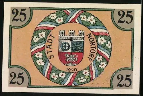 Notgeld Nortorf 1920, 25 Pfennig, Torfabbau, Gerber und Wappen