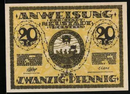 Notgeld Neustadt in Holstein, 20 Pfennig, Wappen und Fassade