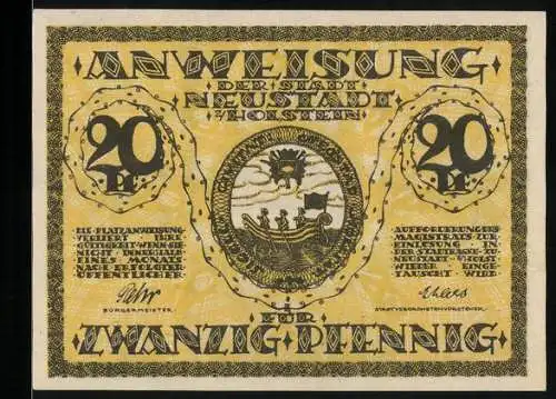 Notgeld Neustadt in Holstein, 20 Pfennig, Fassade und Wappen