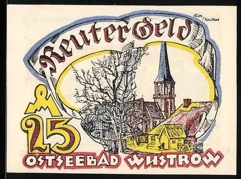 Notgeld Wustrow 1922, 29 Pfennig, Ortsansicht und Fischer mit Netzen