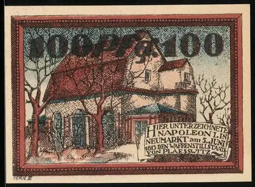 Notgeld Neumarkt in Schlesien 1921, 100 Pfennig, Unterzeichnungsstätte Waffenstillstand von Plaesswitz