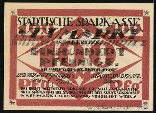 Notgeld Neumarkt in Schlesien 1921, 100 Pfennig, Unterzeichnungsstätte Waffenstillstand von Plaesswitz