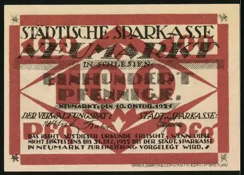 Notgeld Neumarkt in Schlesien 1921, 100 Pfennig, Napoleon und Breslauer Stadtverordnetenversammlund