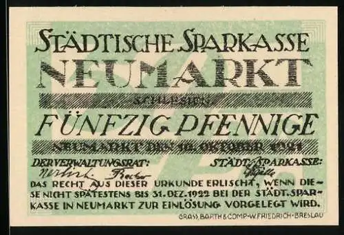 Notgeld Neumarkt in Schlesien 1922, 50 Pfennig, Wappen mit Weinreben