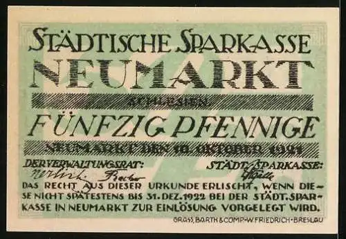 Notgeld Neumarkt in Schlesien 1922, 59 Pfennig, Stadtmauer mit Wehrturm
