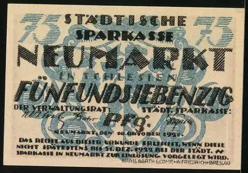 Notgeld Neumarkt in Schlesien 1921, 75 Pfennig, Wappen und Minoritenkloster