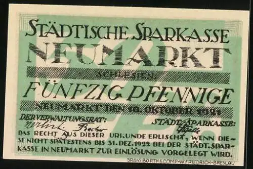 Notgeld Neumarkt in Schlesien 1921, 50 Pfennig, Blick auf die Altstadt