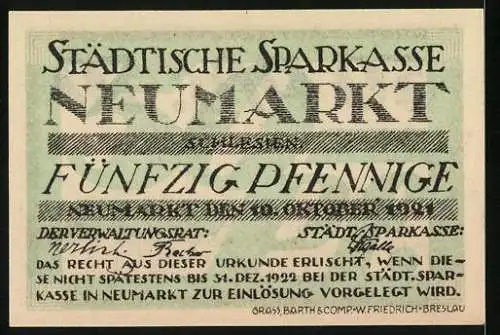 Notgeld Neumarkt in Schlesien 1921, 50 Pfennig, Blick auf die Neustadt