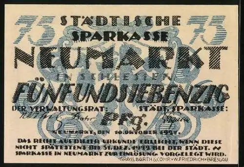 Notgeld Neumarkt in Schlesien 1921, 75 Pfennig, Wappen und Rathausgiebel