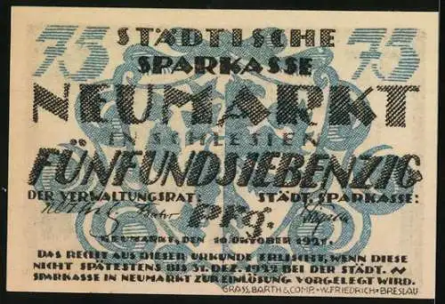 Notgeld Neumarkt in Schlesien 1921, 75 Pfennig, Ehemaliges Notbethaus