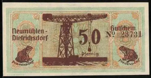 Notgeld Neumühlen-Dietrichsdorf 1922, 50 Pfennig, Kran und Frösche