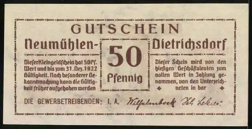 Notgeld Neumühlen-Dietrichsdorf 1922, 50 Pfennig, Kran und Frösche