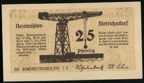 Notgeld Neumühlen-Dietrichsdorf 1922, 25 Pfennig, Kran und Frösche