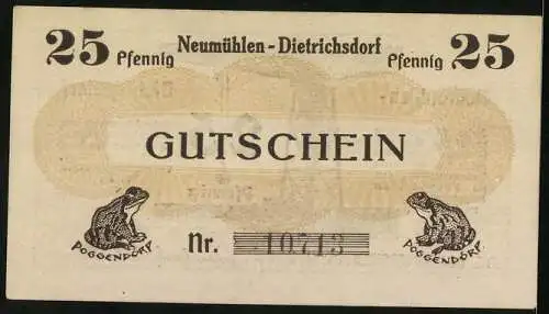 Notgeld Neumühlen-Dietrichsdorf 1922, 25 Pfennig, Kran und Frösche