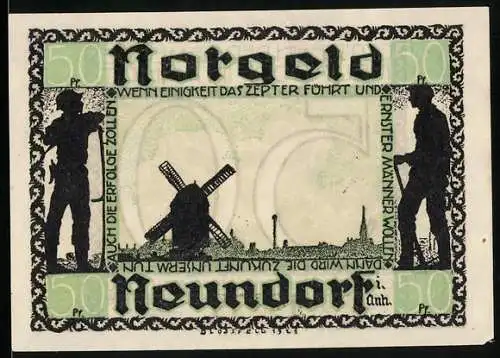 Notgeld Neundorf 1921, 50 Pfennig, Ortsansicht mit Windmühle